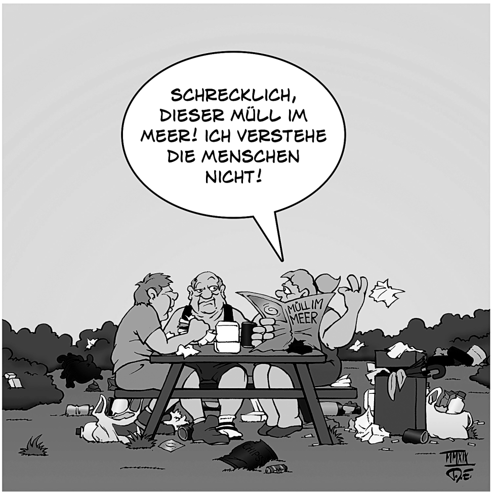 Karikatur mit Menschen am Tisch im Müll, einer liest über Müll im Meer.